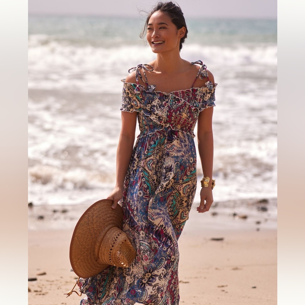 Anthropologie Smocked Gauze Boho Paisley Midi Dress